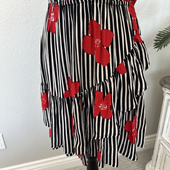 Madewell Black White Red Striped Floral Candied Orchids Wrap Ruffle Dress Size 2 - Picture 4 of 12